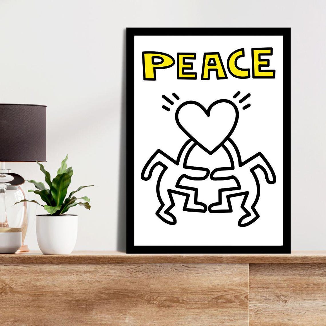 Keith Haring Style Peace Yellow Text Heart Uplifting Pop Art Poster - Image 2