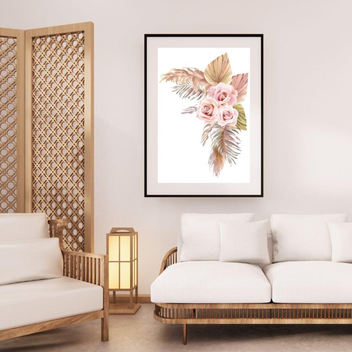 Blush Pink Roses Watercolor Botanical Bouquet Floral Wall Art