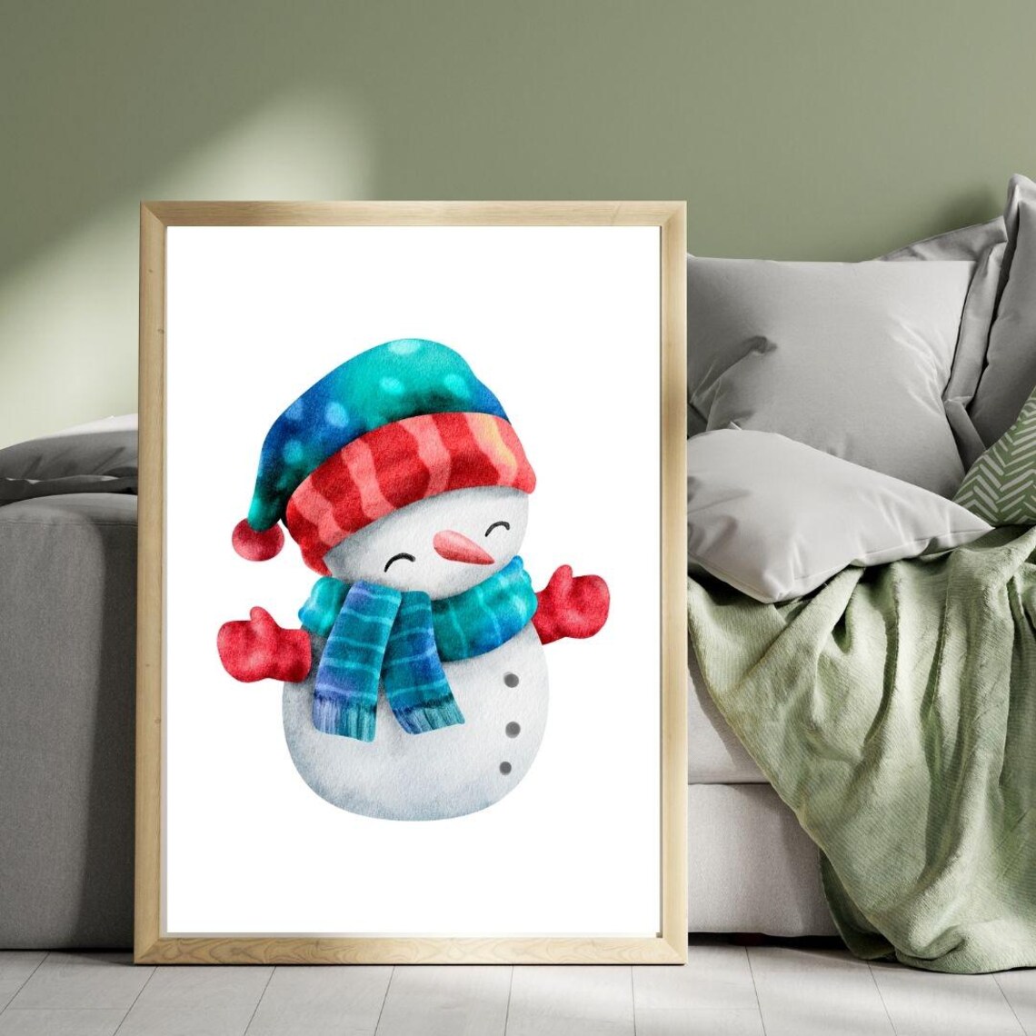 Cute Watercolor Snowman Blue Hat Christmas Poster Art For Kids - Image 3