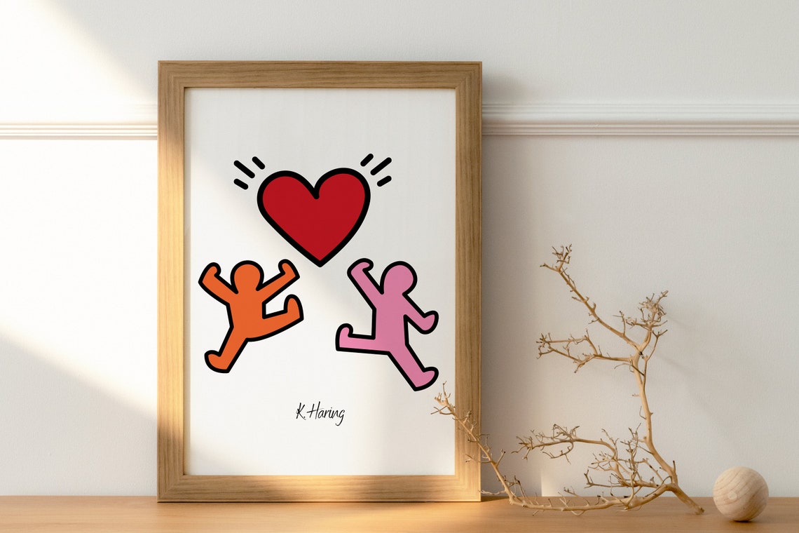Keith Haring Style Red Heart Poster with Dancing Figures Art