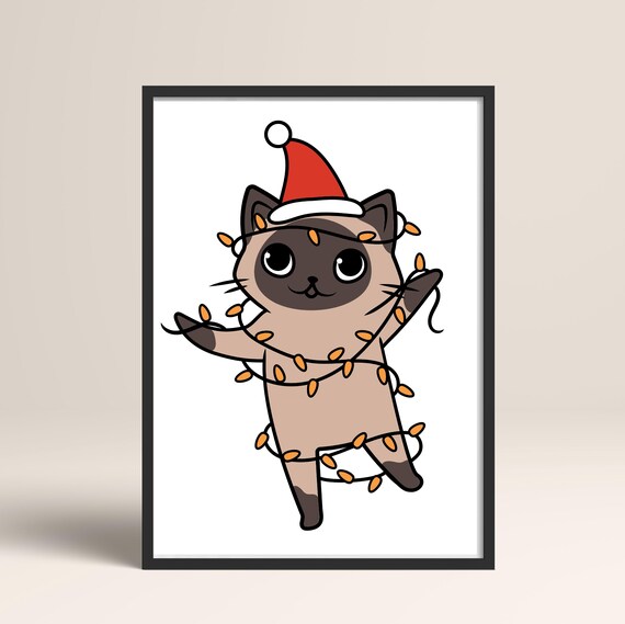 Funny Siamese Cat In Santa Hat Tangled In Christmas Lights Print
