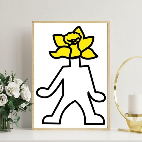 Keith Haring Style Figure Big Yellow Flower Head Whimsical Art Print