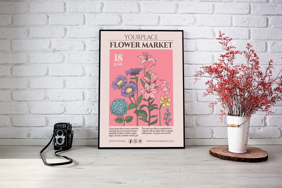 Customizable Pink Flower Market June 18 Retro Floral Botanical Poster