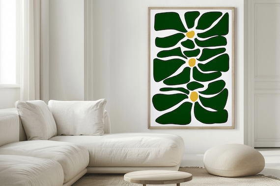 Dark Green Leaf Pattern Yellow Centers Modern Botanical Art Poster