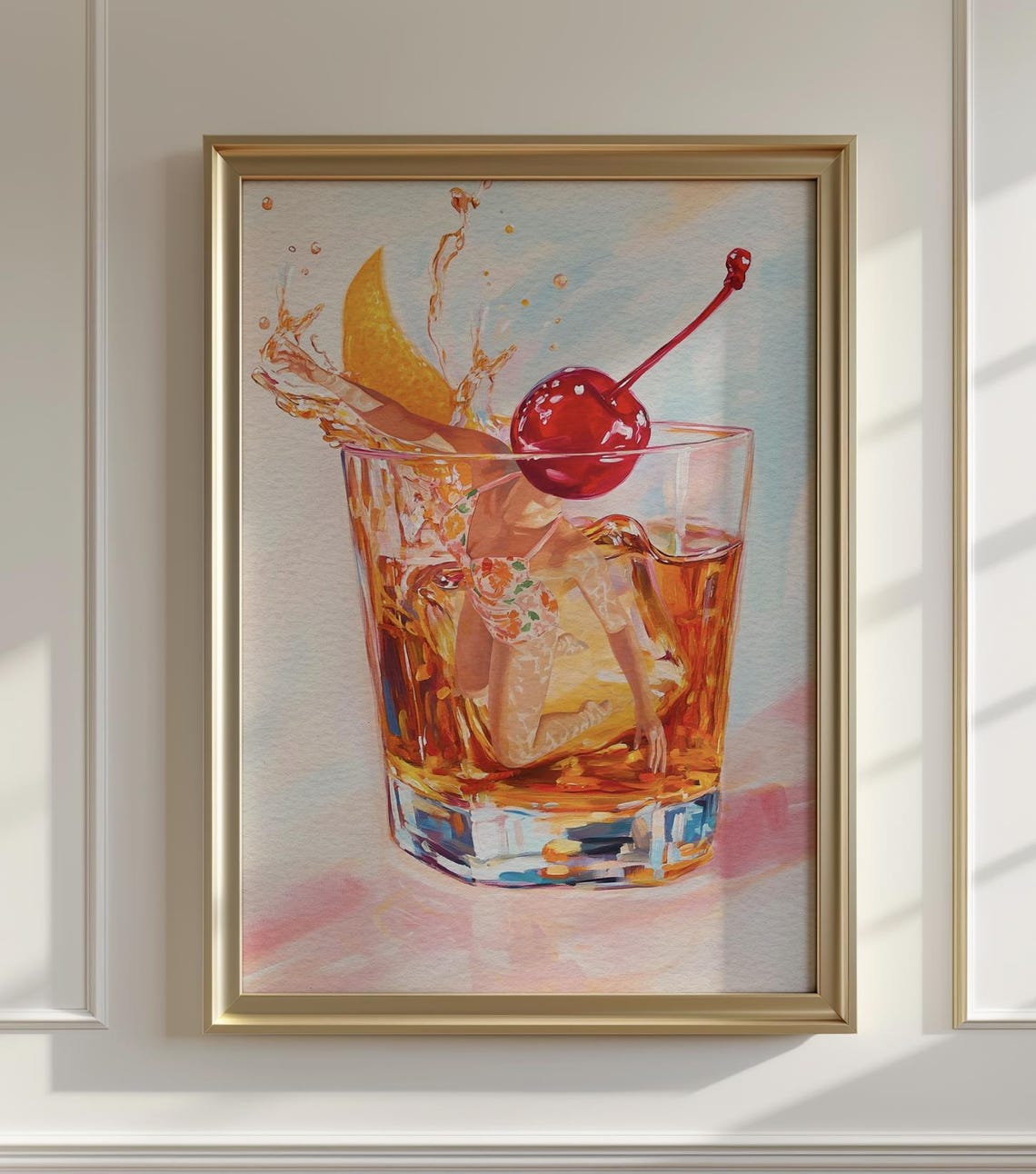 Whiskey Old Fashioned Cherry Splash Retro Cocktail Bar Poster