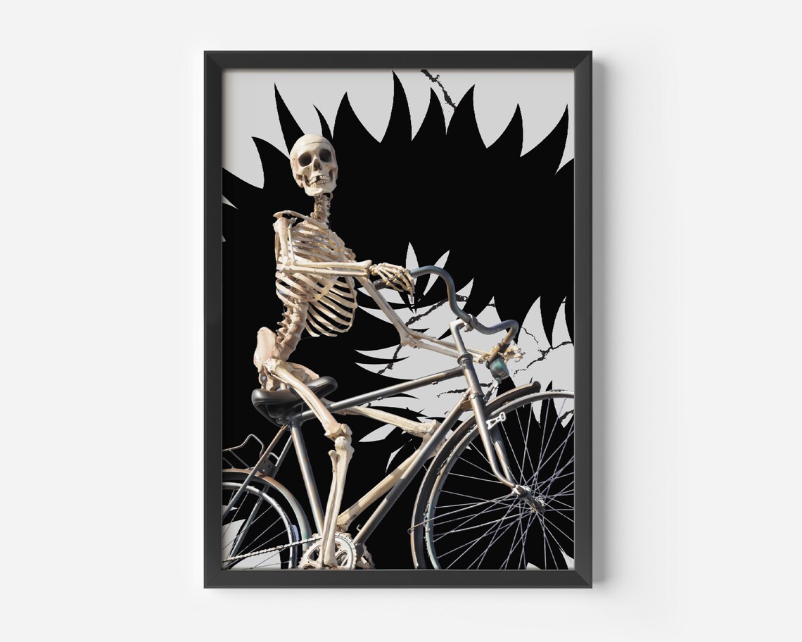 Skeleton Riding a Bicycle Halloween Black Graphic Poster Art - Image 3
