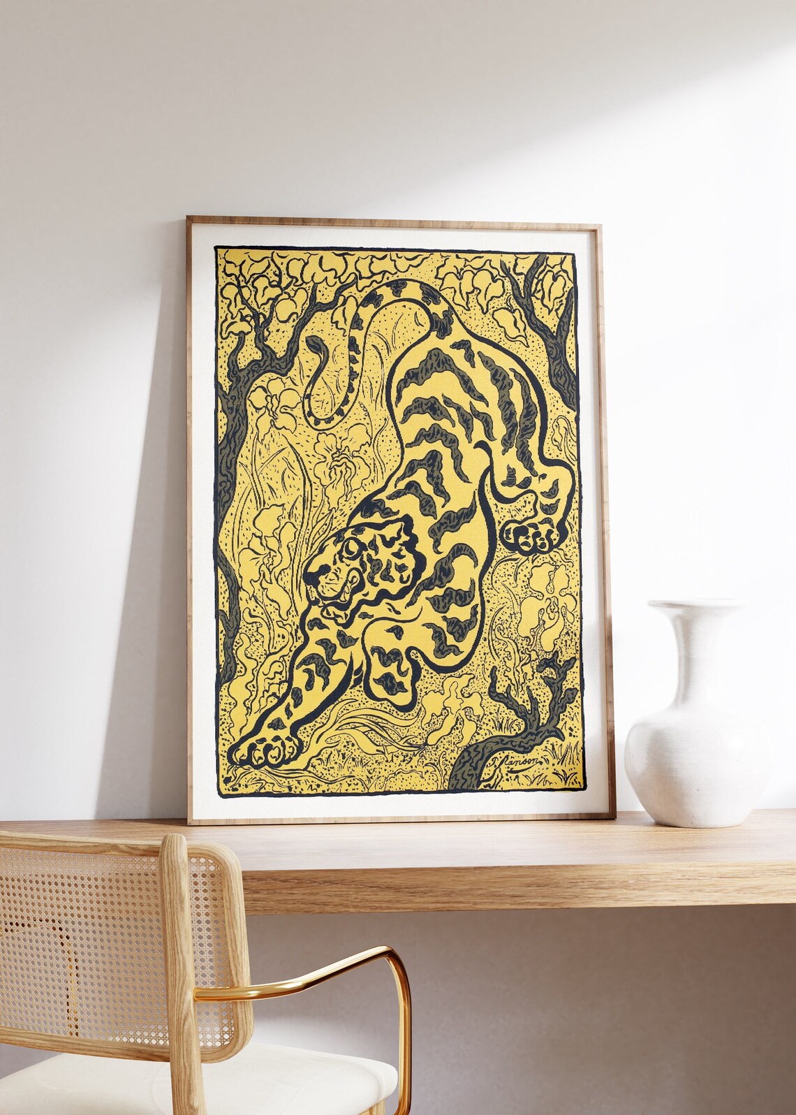 Yellow Tiger in Black Ink Woodcut Style Vintage Wildlife Poster - Image 3