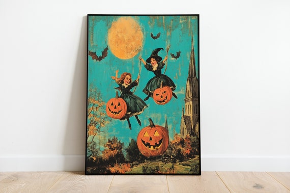 Two Witches Vintage Halloween Wall Art Print