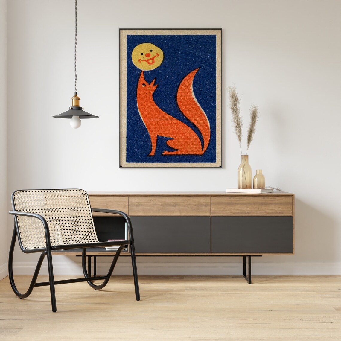 Retro Orange Fox and Smiling Moon on Navy Vintage Illustration Poster - Image 3