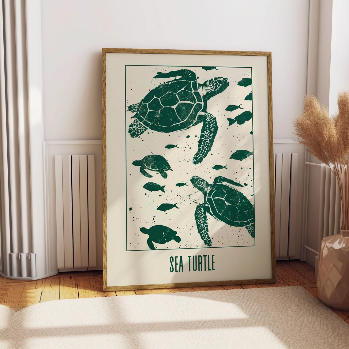 Sea Turtle Green Linocut Style Vintage Ocean Marine Life Poster - Image 4