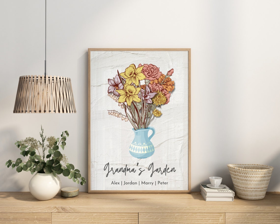 Custom Grandmas Garden Bouquet Birth Month Flower Art Birth Flower Family Bouquet Birth Month Flower Art Birth Month Flower Print Decor - Image 3