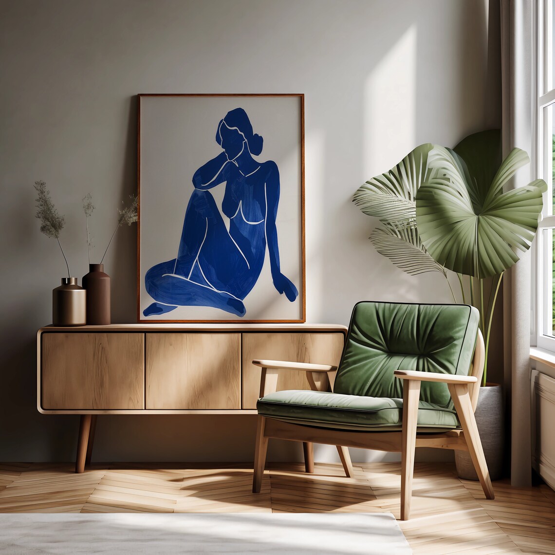 Cobalt Blue Seated Woman Minimalist Modern Figure Poster Art - Image 2