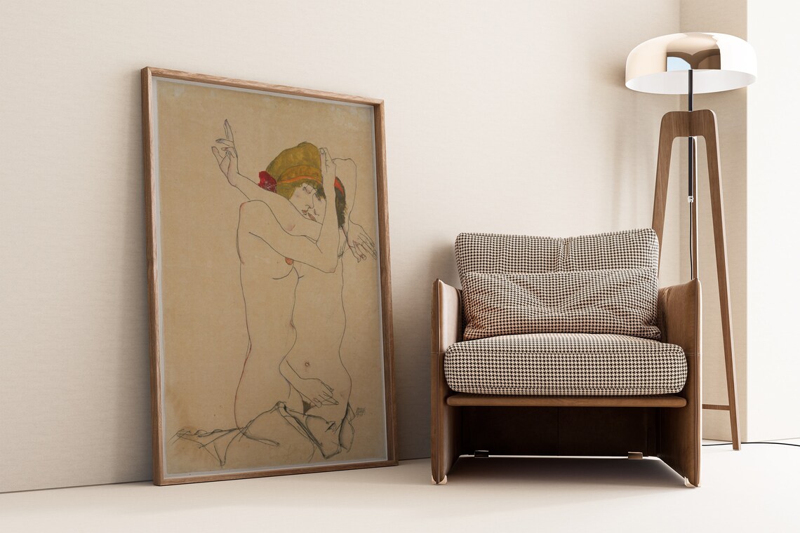 Egon Schiele Two Women Embracing 1915 Expressive Line Drawing Poster - Image 2
