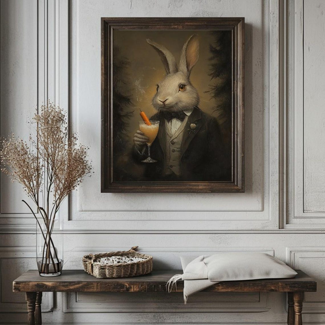 Moody Easter Bunny Print Antique Spring Rabbit Painting Neutral Country Farmhouse Dcor Dark Vintage Rustic Wall Art - Image 2