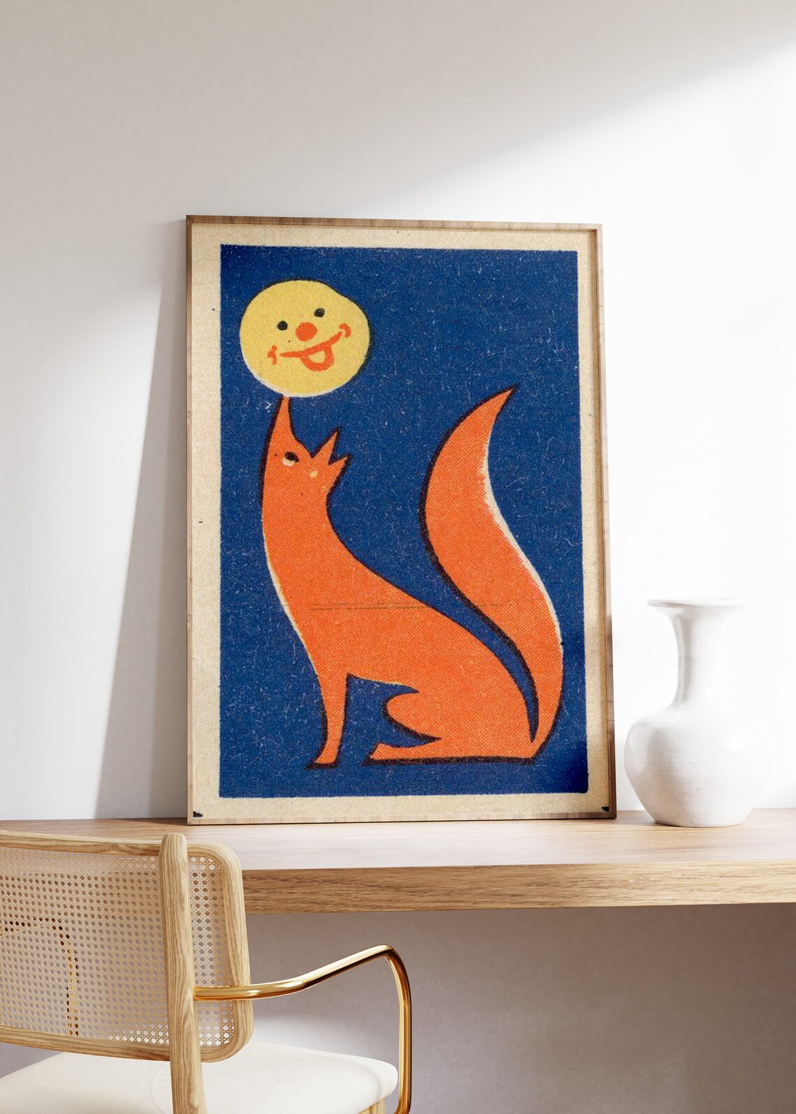 Retro Orange Fox and Smiling Moon on Navy Vintage Illustration Poster - Image 4