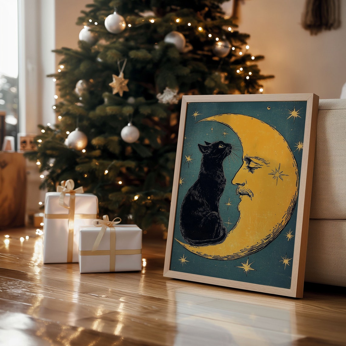Christmas Cat and Moon Vintage Art Deco Poster Print - Image 4