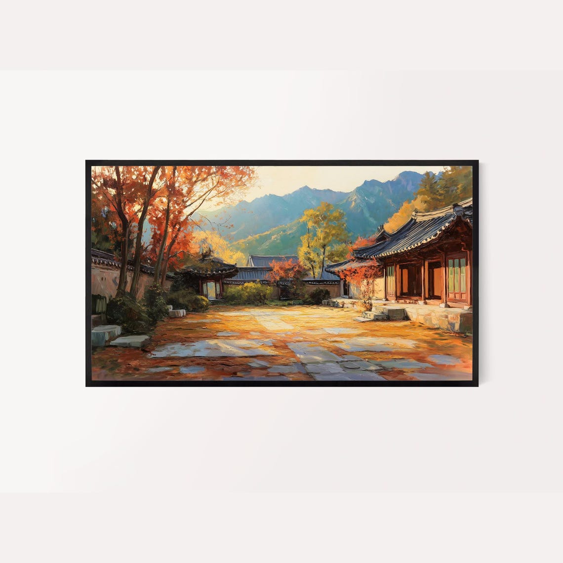 Korean Hanok Courtyard Autumn Golden Light Mountain Village Painting Poster