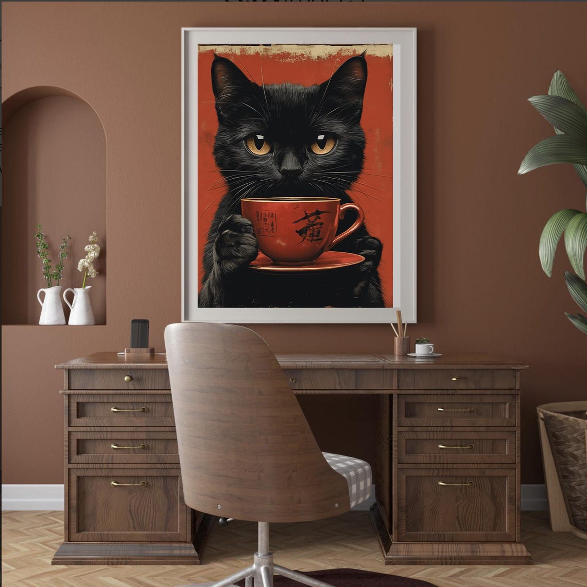 Black Cat Holding a Red Japanese Tea Cup Vintage Style Poster - Image 2
