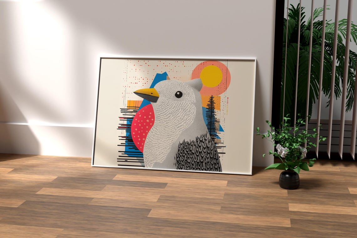 Modern Stylized Geometric Bird With Sunrise Collage Art Poster - Image 2