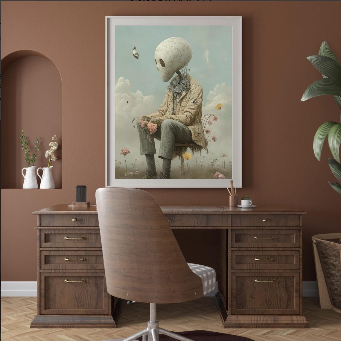 Surreal Skull Figure Sitting in a Dreamy Flower Field Poster - Image 2