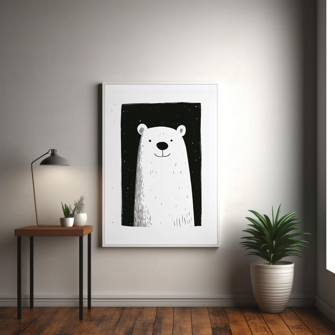 Minimalist Smiling Polar Bear Black and White Artwork Poster - Image 3