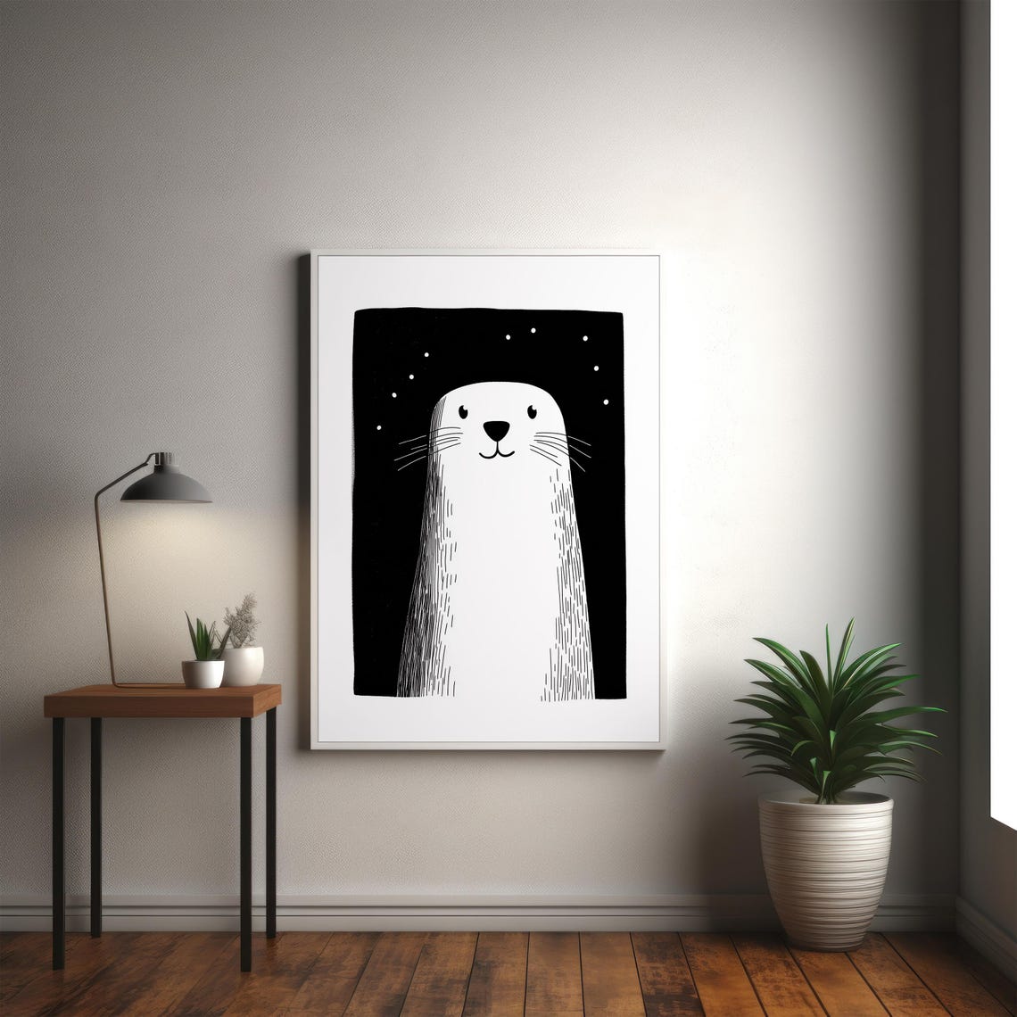 Minimalist Smiling Seal Pup Black and White Line Drawing Poster - Image 3