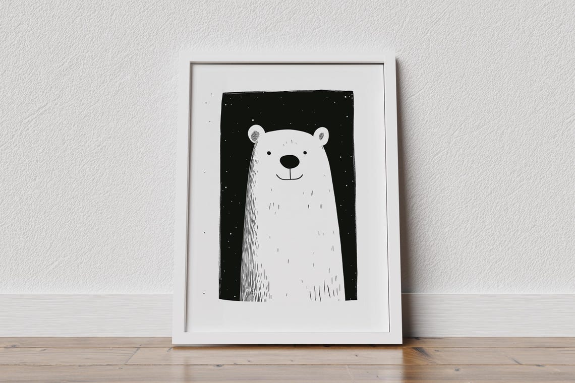 Minimalist Smiling Polar Bear Black and White Artwork Poster - Image 2