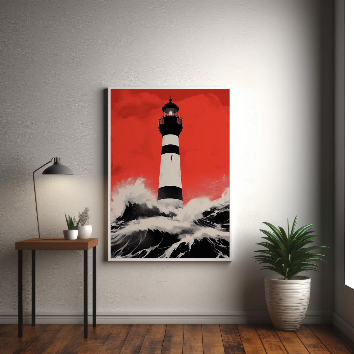 Striped Lighthouse in Stormy Waves Under Red Storm Sky Poster - Image 2