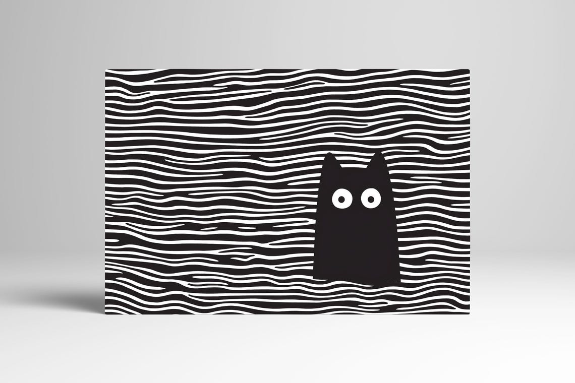 Black Cat Silhouette in Black and White Wavy Line Art Poster - Image 3