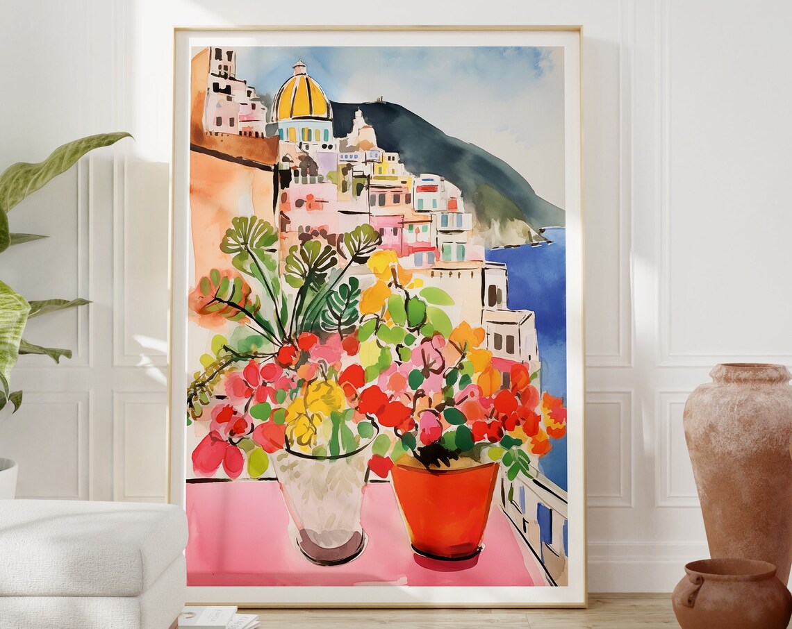 Italian Coastline Watercolor Art Print, Amalfi Coast