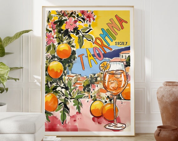 Taormina Sicily Italy Travel Poster, Retro Vista