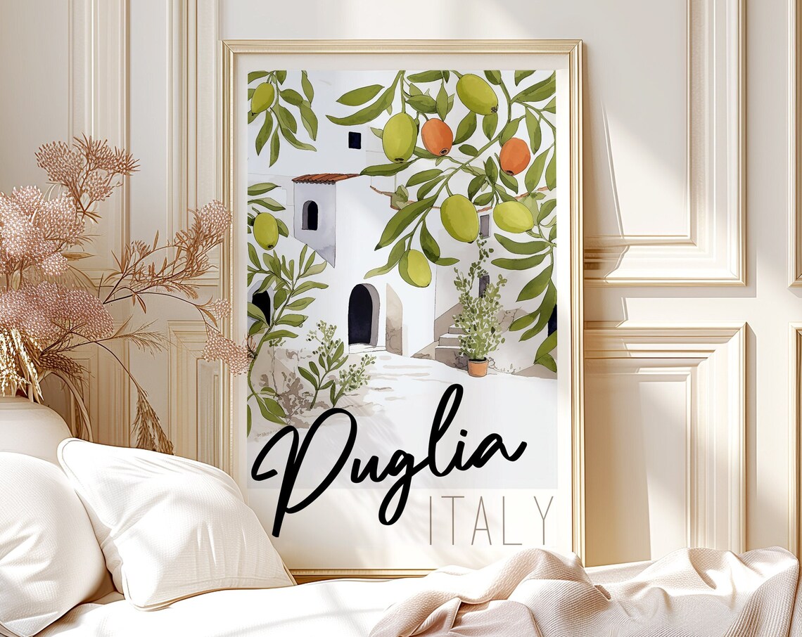 Puglia Italy Whitewashed Village Citrus Olive Branch Travel Poster