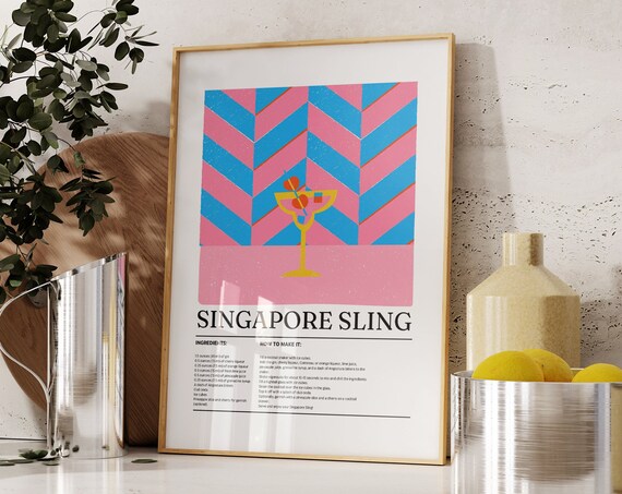 Singapore Sling Cocktail Recipe Retro Bar Kitchen Decor Poster