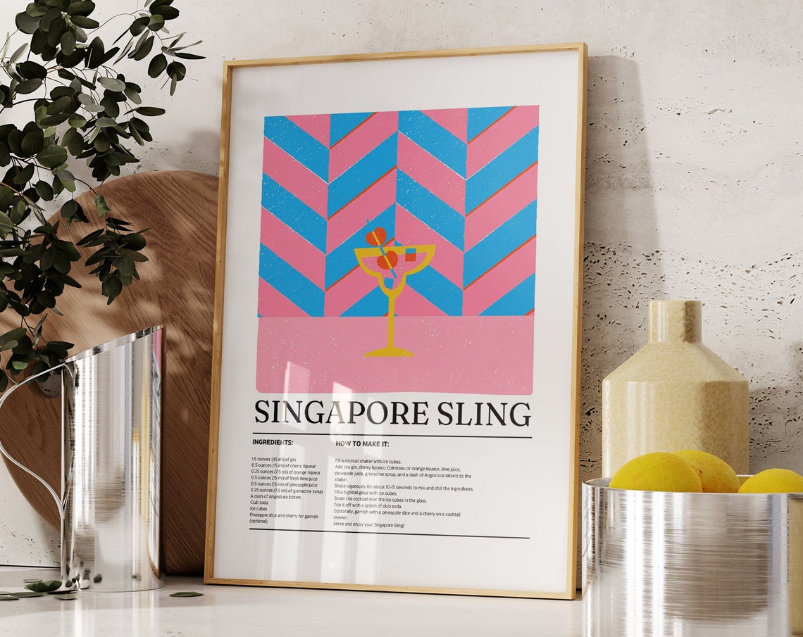Singapore Sling Cocktail Recipe Retro Bar Kitchen Decor Poster