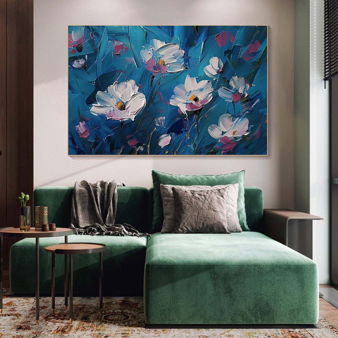White Wildflowers On Deep Teal Blue Impasto Floral Canvas Poster - Image 3