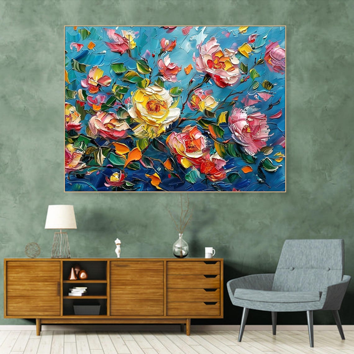 Colorful Impasto Roses In Pink Yellow On Turquoise Blue Poster - Image 3