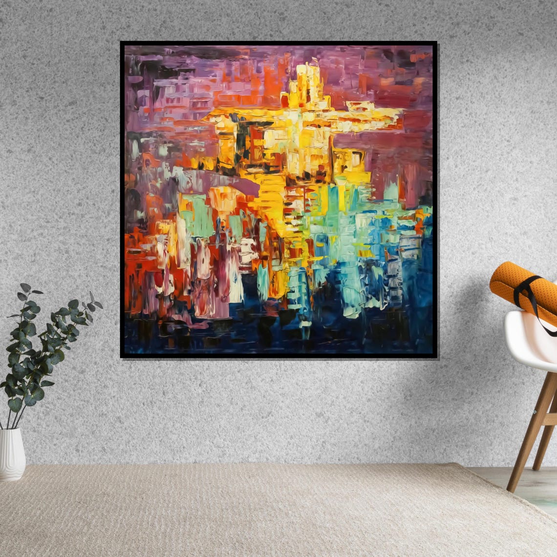 Abstract Cityscape Sunset Impasto Golden Purple Brushstroke Print - Image 5