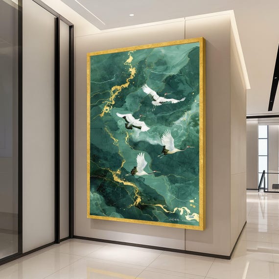 Elegant Flying Cranes Canvas Wall Art Gold Accent Abstract Green Marble Background Nature Bird Modern Home Decor Ready To Hang