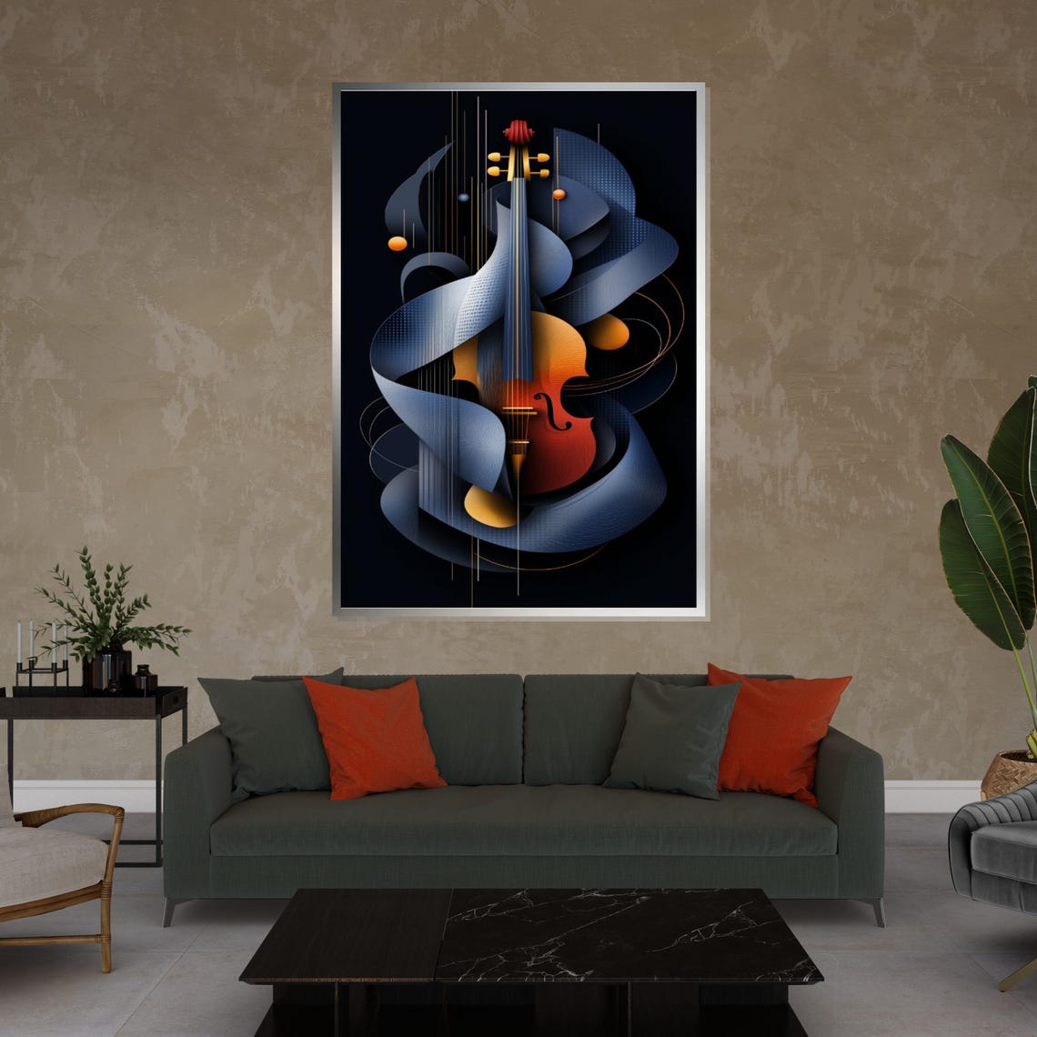 Stylized Violin Blue Geometric Ribbons Sleek Modern Art Poster - Image 4