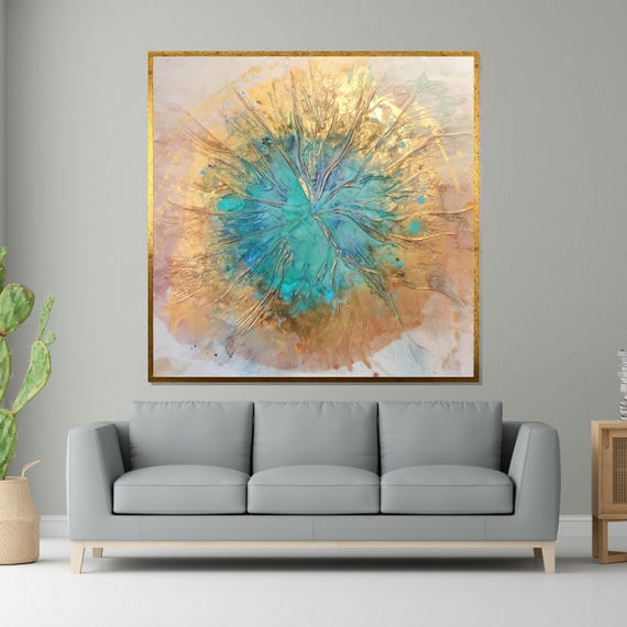 Abstract Burst Turquoise Gold Abstract Art Fluid Art Wall Art Design Ready To Hang Decoration