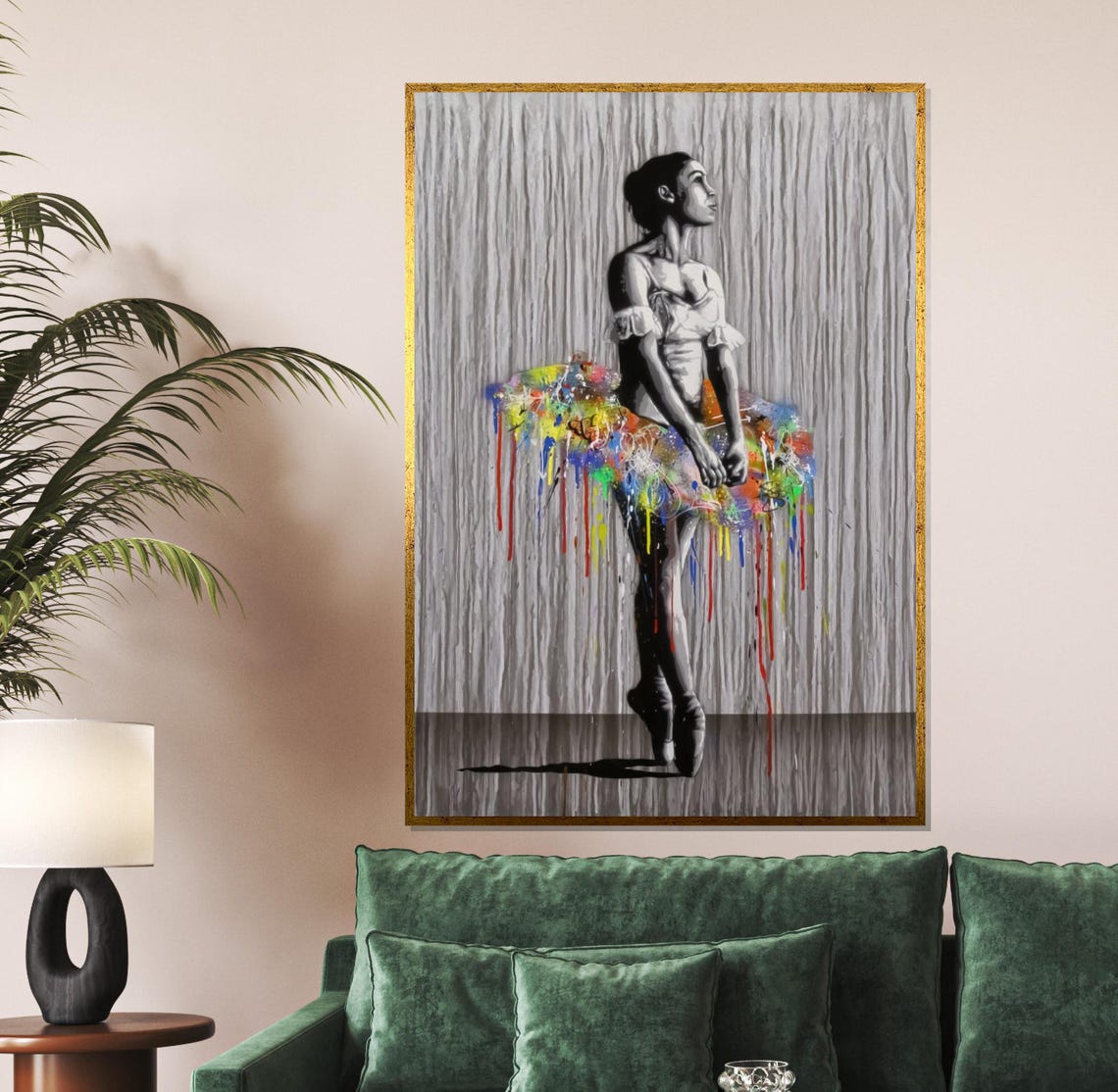Ballerina With Rainbow Paint Drip Tutu Monochrome Ballet Art Poster