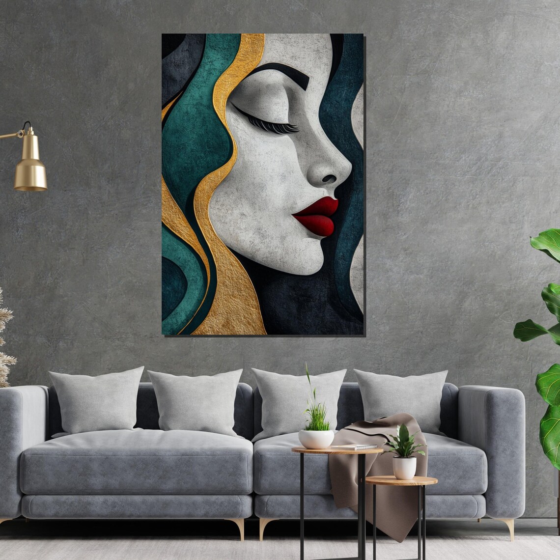 Textured Woman Portrait In Gold And Teal With Red Lips Artistic Poster