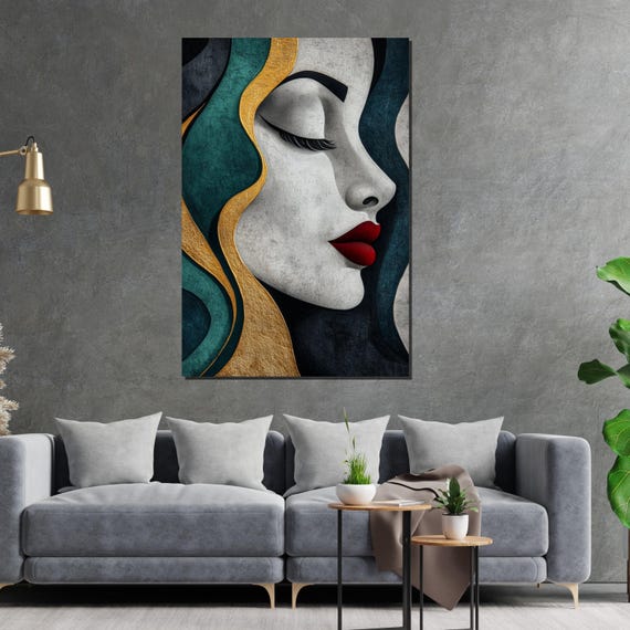Elegant Woman Gold And Teal Art Wall Art Design Female Silhouette Textured Portrait Ready To Hang Decoration