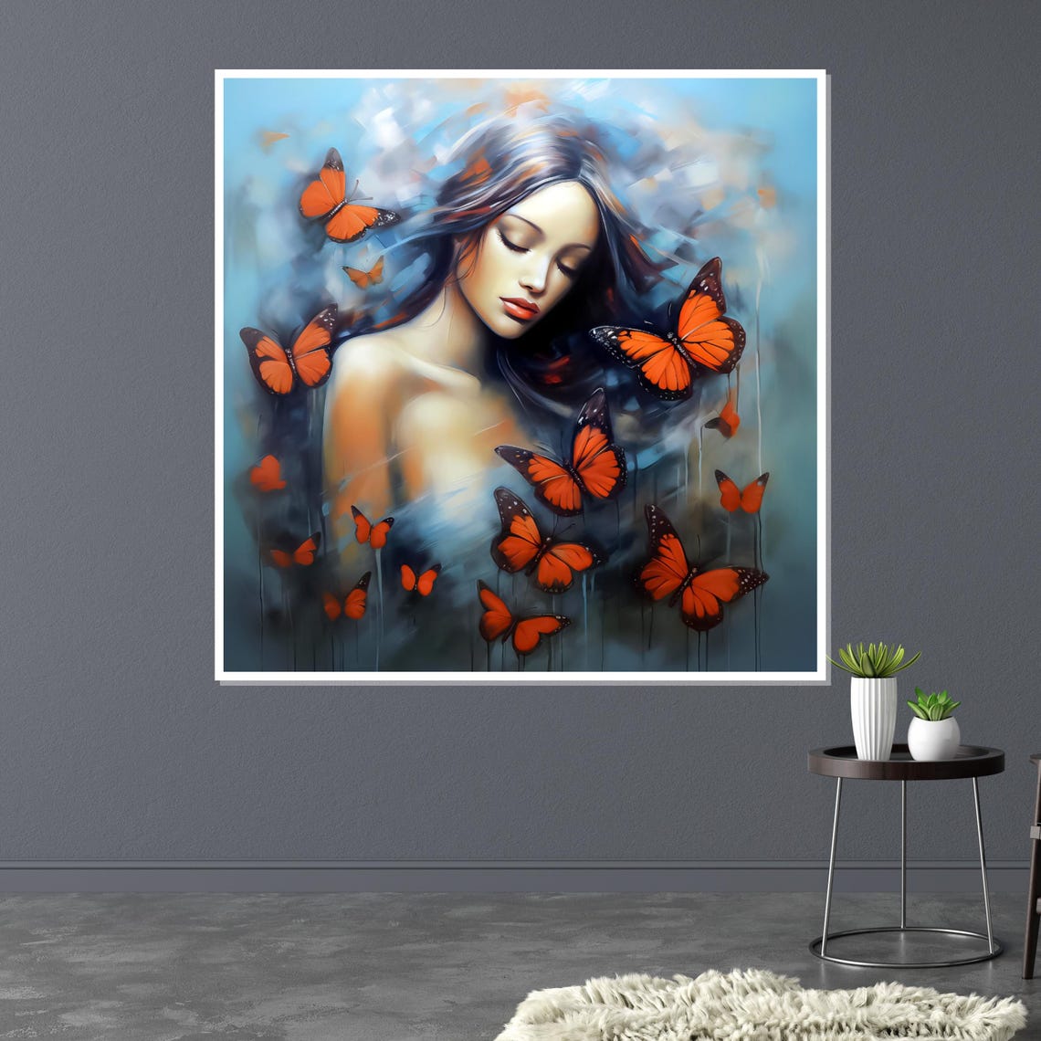 Serene Woman Surrounded By Monarch Butterflies Blue Dreamy Art Poster - Image 3