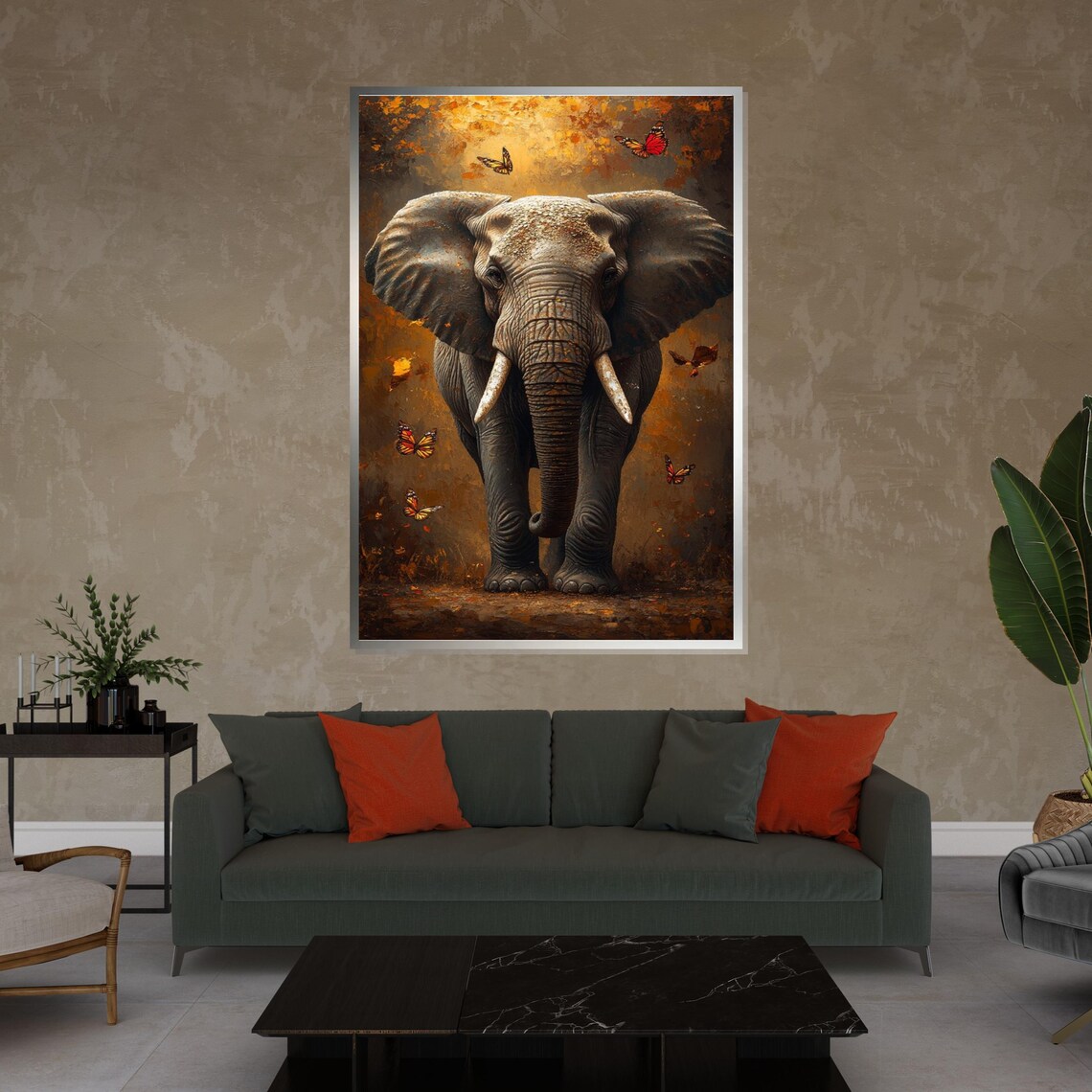 Majestic Elephant with Butterflies Golden Wildlife Art Decor Poster - Image 4