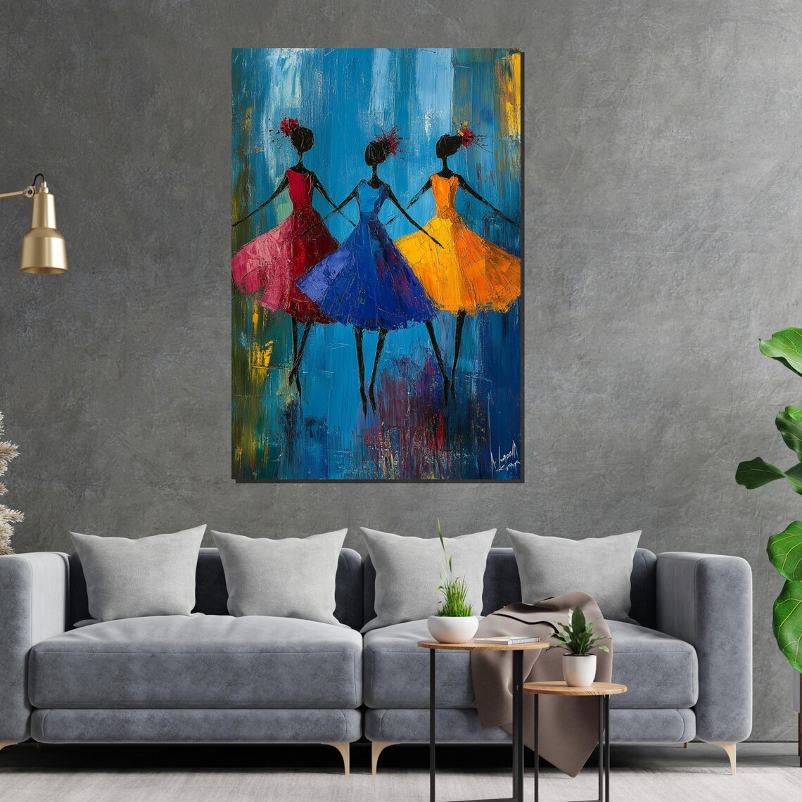 Three Dancing Women Colorful Dresses Blue Background Joyful Art Poster - Image 2