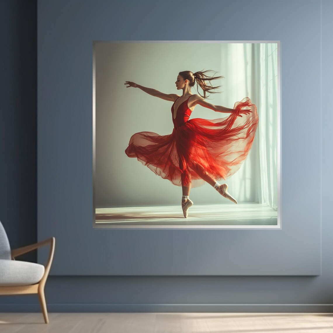 Ballerina in Red Dress En Pointe in Sunlit Studio Dance Poster - Image 4