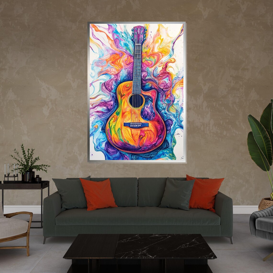 Vibrant Rainbow Acoustic Guitar Swirling Colorful Music Art Poster - Image 4