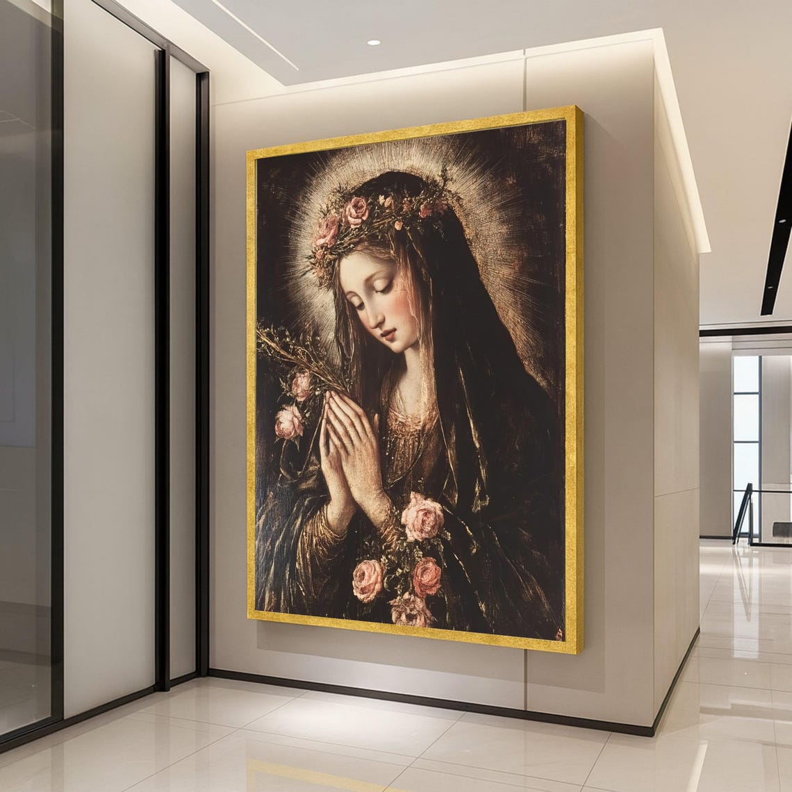 Virgin Mary with Roses Dark Classical Religious Prayer Poster