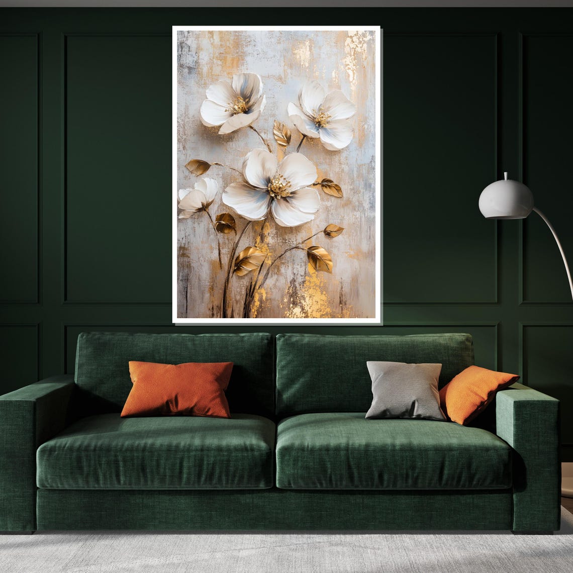 White Magnolia Golden Leaves Beige Background Elegant Art Poster - Image 3